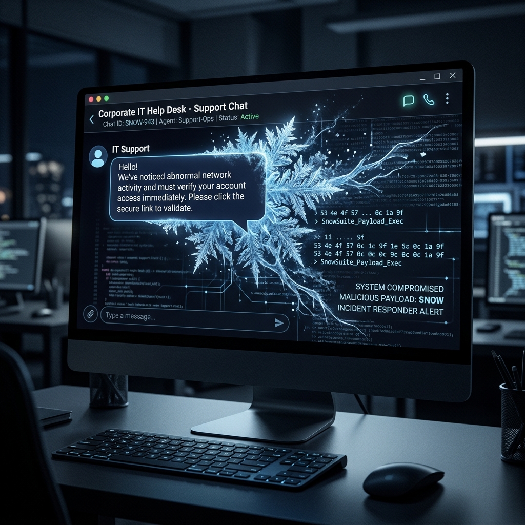 Concept illustration of a malicious help desk chat impersonation blending into snow/frost on a dark screen.