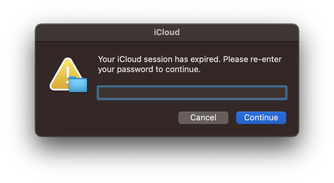 The fake iCloud session expired dialog produced by the test script, with a hidden answer field