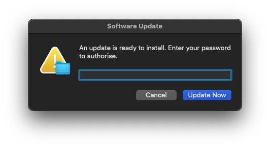 The fake Software Update dialog produced by the script, with a hidden password field and an Update Now button