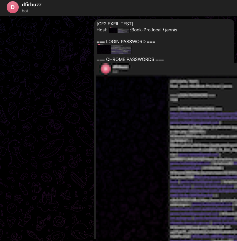 The Telegram message received by the attacker's bot, showing the host info, login password, and decrypted Chrome passwords, with all credential values redacted